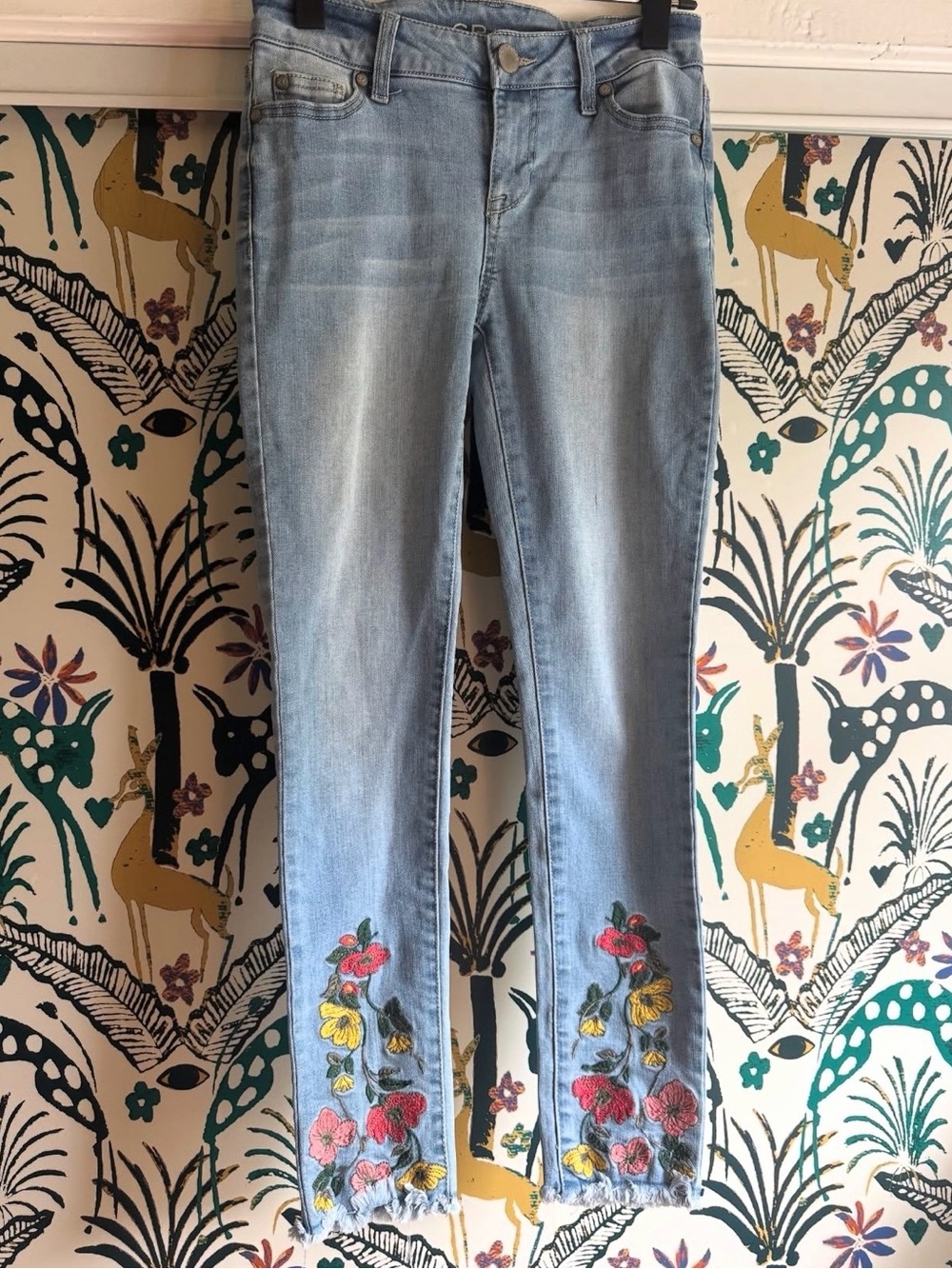 Light Wash Embroidered Ankle Jeans - Floral Detail